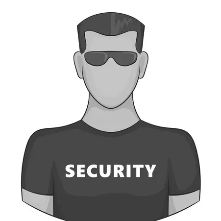 A man wearing sunglasses and a security shirt.